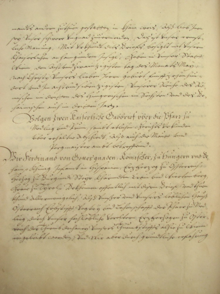 Kaiserlicher Gabebrief fr den Markt Mdling, 12. Nov. 1556